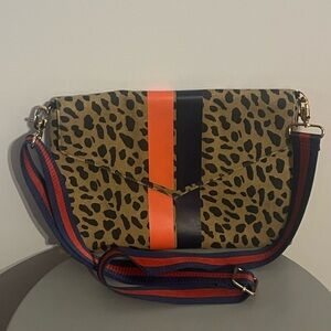 Leopard Print Crossbody Bag with Orange and Black Accents